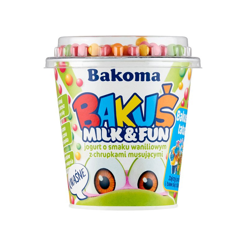 Bakoma Bakuś Milk & Fun Jogurt o smaku waniliowym z chrupkami musującymi 132 g