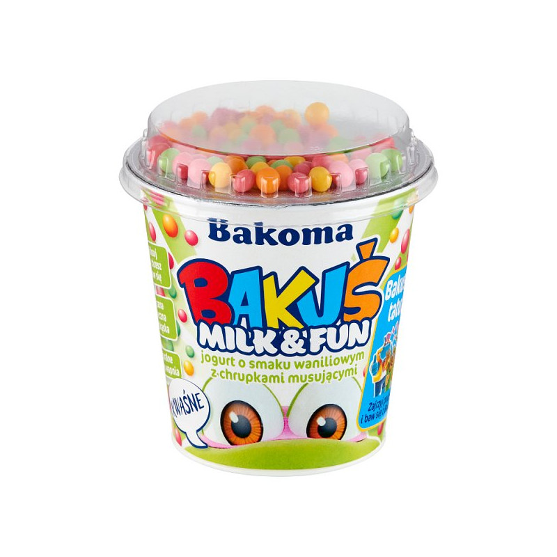 Bakoma Bakuś Milk & Fun Jogurt o smaku waniliowym z chrupkami musującymi 132 g